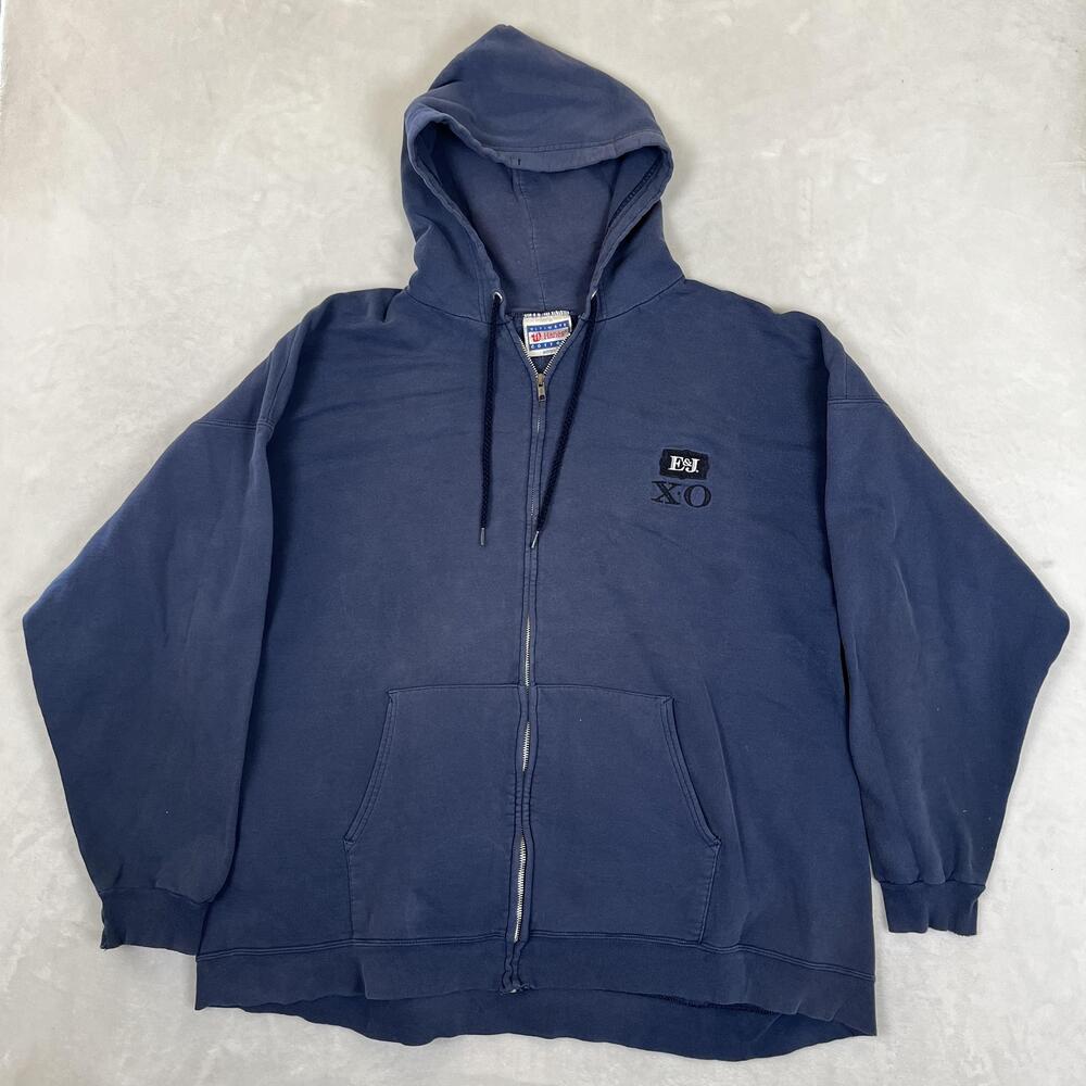 Vintage E&J XO Hoodie Mens 3XL Blue Hanes Full Zip Fleece Promo Sweatshirt